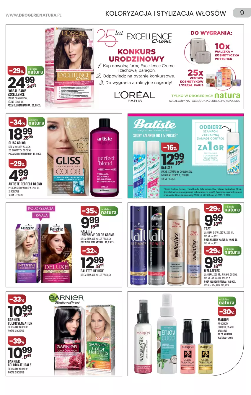 Gazetka promocyjna Drogerie Natura - Gazetka Drogerie Natura - ważna 25.03 do 07.04.2021 - strona 9 - produkty: Batiste, Color Creme, Control, Fa, Farba do włosów, Garnier, Lakier, Palette, Sati, Szampon, Taft, Wella, Wellaflex