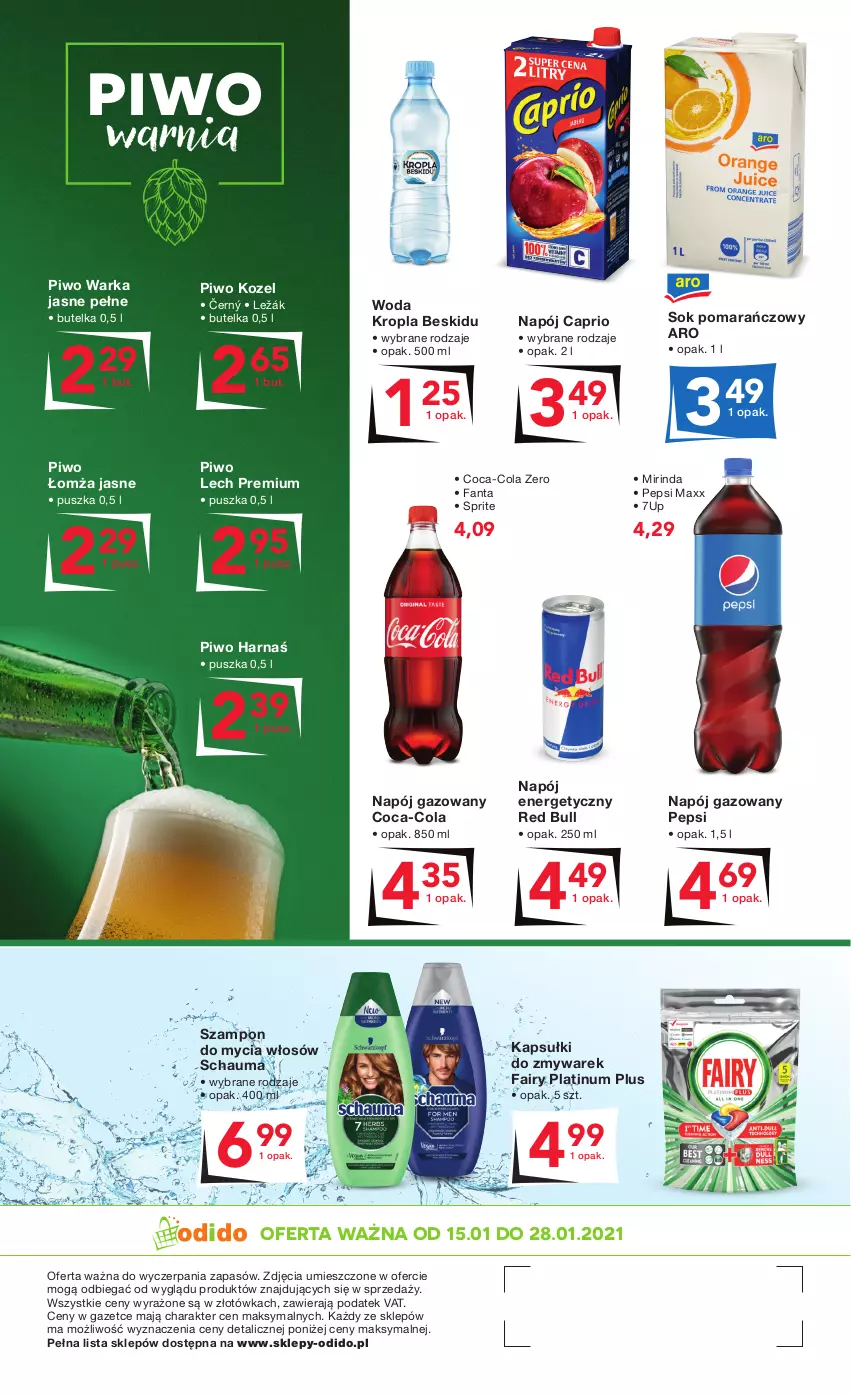 Gazetka promocyjna Odido - Słodkie OKAZJE - ważna 15.01 do 28.01.2021 - strona 4 - produkty: 7up, Coca-Cola, Fa, Fairy, Fanta, Harnaś, Kozel, Lech Premium, Mirinda, Napój, Napój energetyczny, Napój gazowany, Pepsi, Pepsi max, Piwo, Red Bull, Schauma, Sok, Sok pomarańczowy, Sprite, Szampon, Warka, Woda