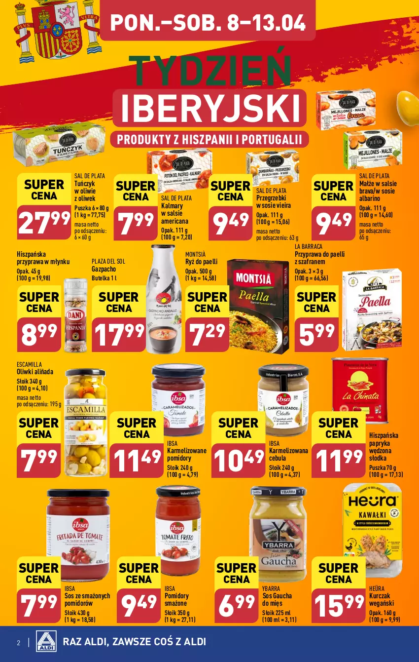 Gazetka promocyjna Aldi - Poznaj smaki Hiszpanii i Portugalii - ważna 08.04 do 13.04.2024 - strona 2 - produkty: Cebula, Kalmar, Kalmary, Kurczak, Małże, Oliwki, Papryka, Papryka wędzona, Pomidory, Por, Ryż, Sos, Szafran, Tuńczyk