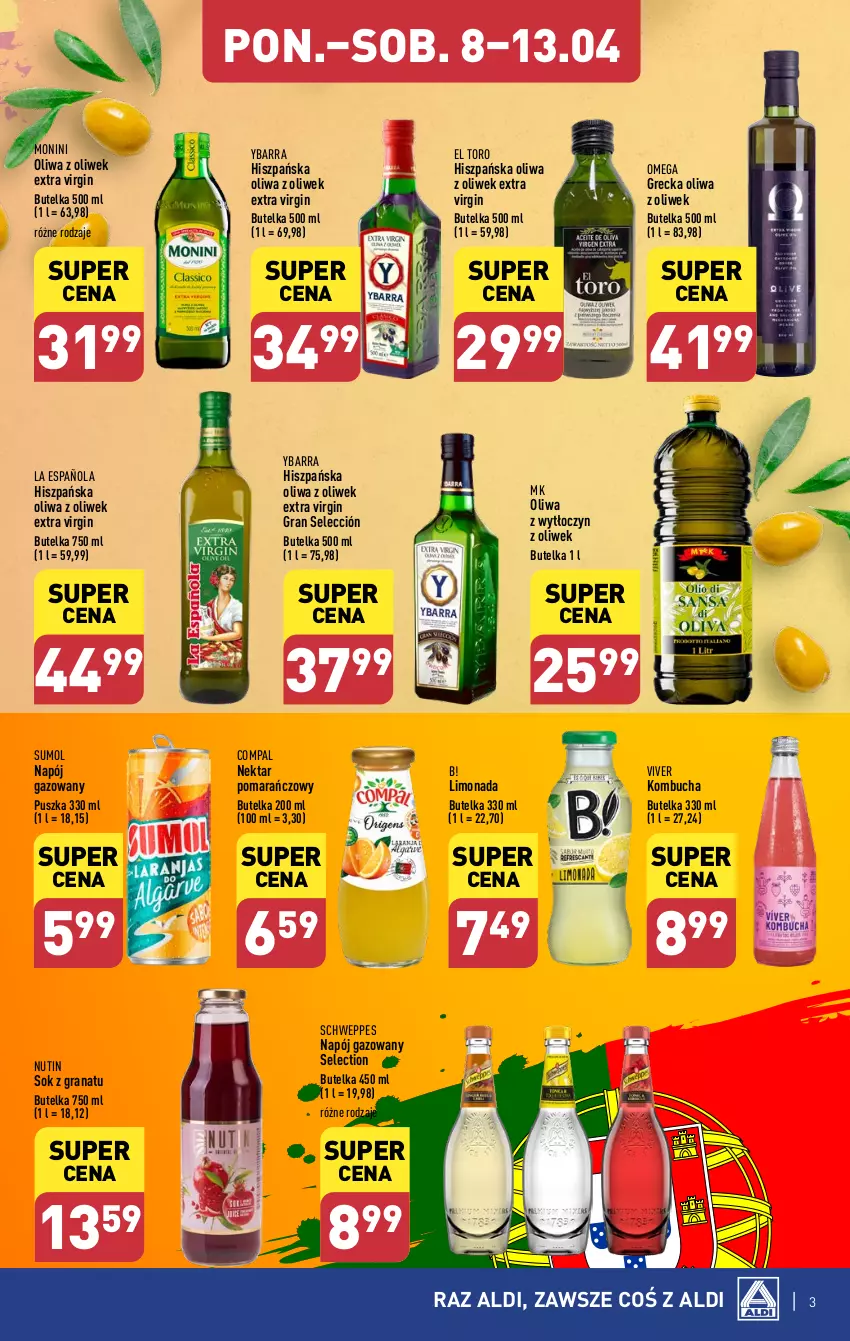 Gazetka promocyjna Aldi - Poznaj smaki Hiszpanii i Portugalii - ważna 08.04 do 13.04.2024 - strona 3 - produkty: Gin, Gra, Granat, Monini, Napój, Napój gazowany, Nektar, Oliwa z oliwek, Schweppes, Sok