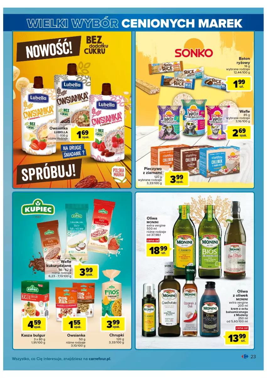 Gazetka promocyjna Carrefour - Gazetka Wielki wybór cenionych marek - ważna 31.05 do 11.06.2022 - strona 23 - produkty: Baton, Bulgur, Chrupki, Gin, Grill, HP, Kasza, LG, Monini, Oliwa z oliwek, Owsianka, Piec, Pieczywo, Ryż, Wafle