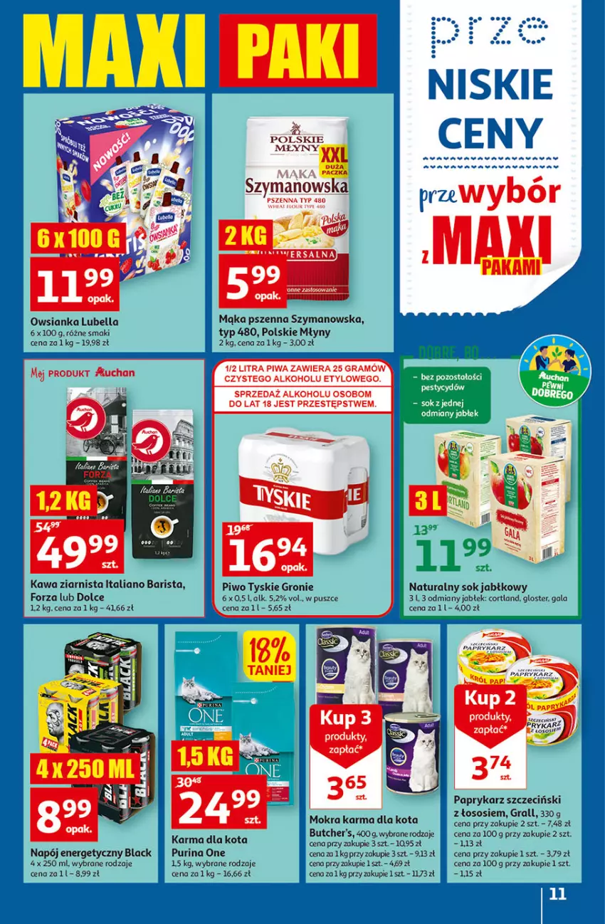 Gazetka promocyjna Auchan - Gazetka przeNISKIE CENY – PrzeWybór z MAXI PAKAMI Hipermarkety - ważna 15.09 do 21.09.2022 - strona 11 - produkty: Bell, Bella, Butcher's, Gala, Gra, Kawa, Kawa ziarnista, Lack, Lubella, Mąka, Mąka pszenna, Mokra karma, Napój, Napój energetyczny, Owsianka, Papryka, Paprykarz, Paprykarz szczeciński, Piwa, Piwo, Pliska, Polskie Młyny, Pur, Purina, Sok, Sok jabłkowy, Sos, Tyskie