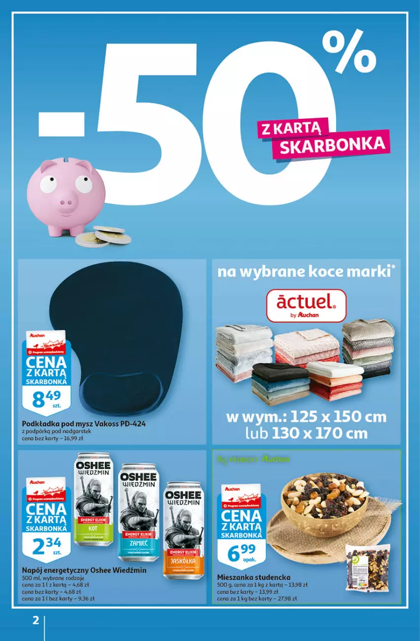 Gazetka promocyjna Auchan - Gazetka przeNISKIE CENY – PrzeWybór z MAXI PAKAMI Hipermarkety - ważna 15.09 do 21.09.2022 - strona 2 - produkty: Mieszanka studencka, Mysz, Napój, Napój energetyczny, Oshee, Podkład, Podkładka, Podkładka pod mysz, Stek