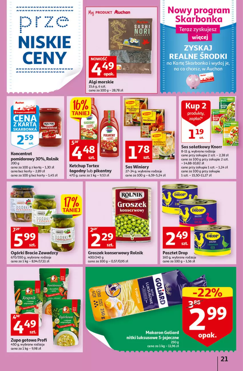 Gazetka promocyjna Auchan - Gazetka przeNISKIE CENY – PrzeWybór z MAXI PAKAMI Hipermarkety - ważna 15.09 do 21.09.2022 - strona 21 - produkty: Goliard, Gra, Groszek, Ketchup, Knorr, Koncentrat pomidorowy, LG, Makaron, Pasztet, Rolnik, Sałat, Ser, Sos, Tera, Winiary, Zupa