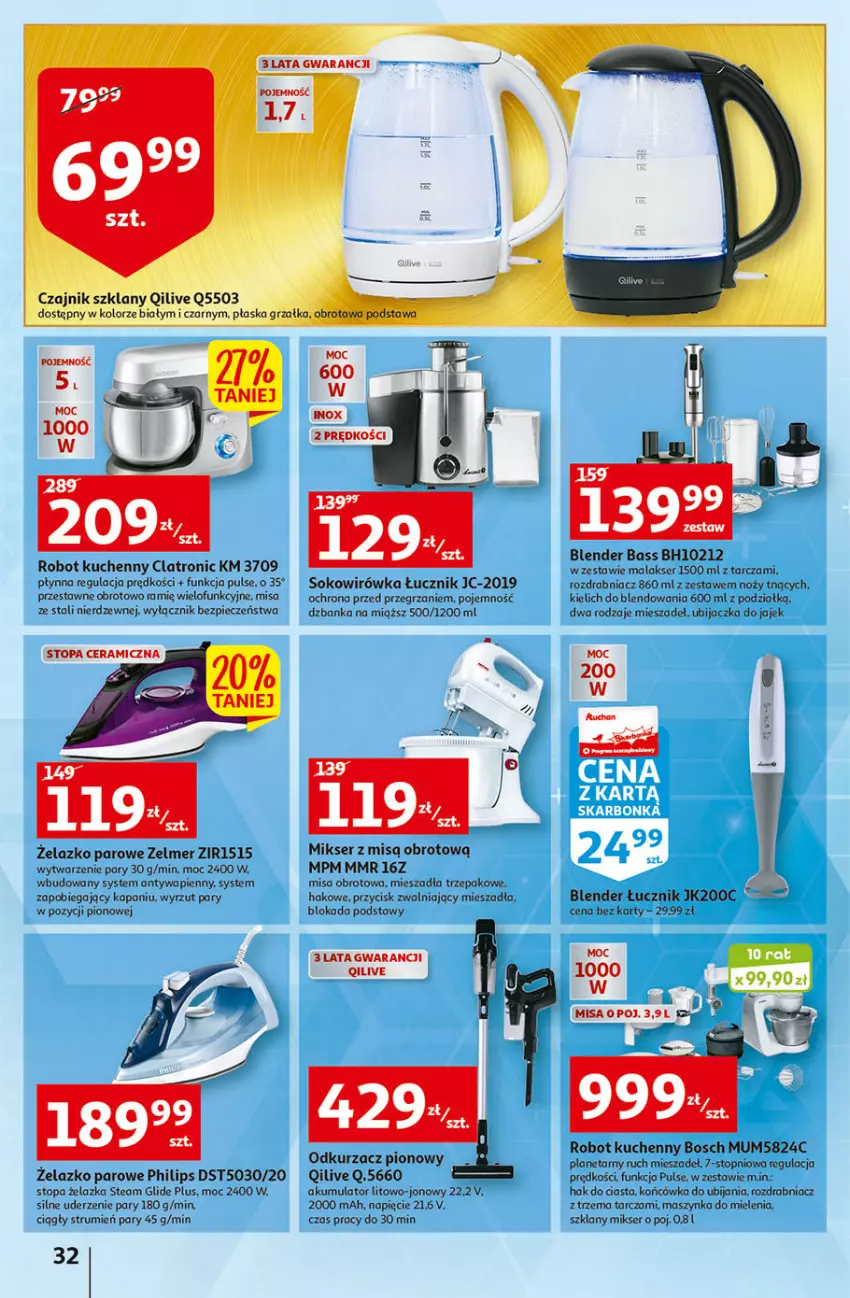 Gazetka promocyjna Auchan - Gazetka przeNISKIE CENY – PrzeWybór z MAXI PAKAMI Hipermarkety - ważna 15.09 do 21.09.2022 - strona 32 - produkty: Akumulator, Blender, Bosch, Czajnik, Grzałka, K2, Maszynka, Maszynka do mielenia, Mikser, Mikser z misą, Noż, Odkurzacz, Philips, Piec, Robot, Rozdrabniacz, Rum, Ser, Sok, Szynka, Top, Zelmer