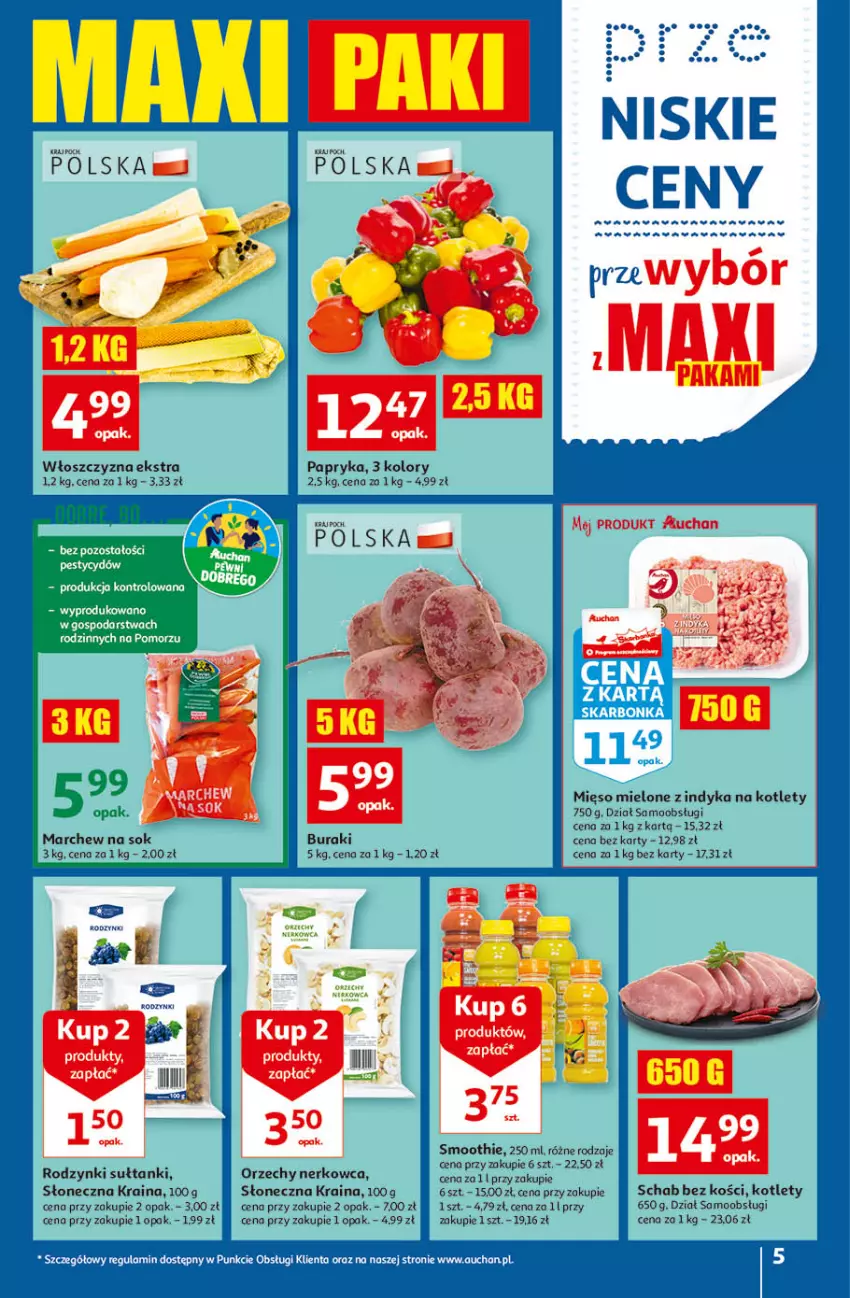 Gazetka promocyjna Auchan - Gazetka przeNISKIE CENY – PrzeWybór z MAXI PAKAMI Hipermarkety - ważna 15.09 do 21.09.2022 - strona 5 - produkty: Buraki, Kotlet, Mięso, Mięso mielone, Papryka, Rodzynki, Schab bez kości, Smoothie, Sok