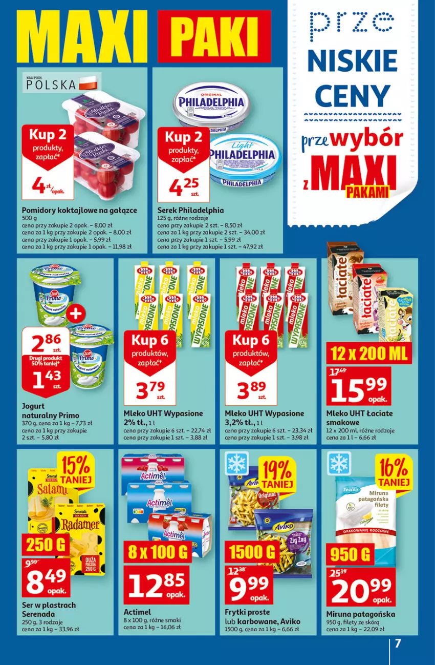 Gazetka promocyjna Auchan - Gazetka przeNISKIE CENY – PrzeWybór z MAXI PAKAMI Hipermarkety - ważna 15.09 do 21.09.2022 - strona 7 - produkty: Actimel, Frytki, Jogurt, Miruna, Mleko, Philadelphia, Pomidory, Ser, Serek, Tago