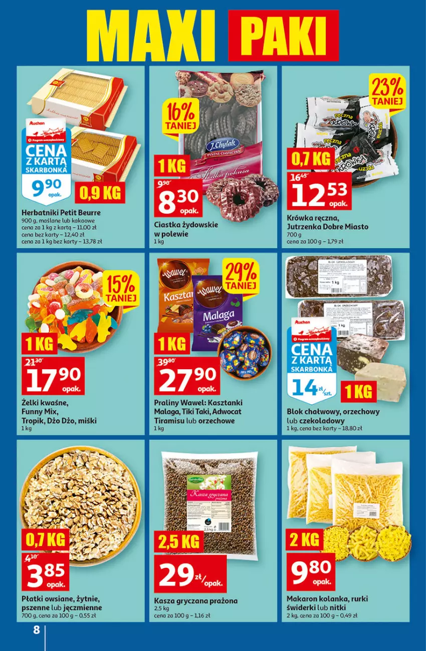 Gazetka promocyjna Auchan - Gazetka przeNISKIE CENY – PrzeWybór z MAXI PAKAMI Hipermarkety - ważna 15.09 do 21.09.2022 - strona 8 - produkty: Ciastka, Gry, Herbatniki, Herbatniki Petit Beurre, Jutrzenka, Kakao, Kasza, Kasza gryczana, Makaron, Płatki owsiane, Praliny, Rurki, Wawel