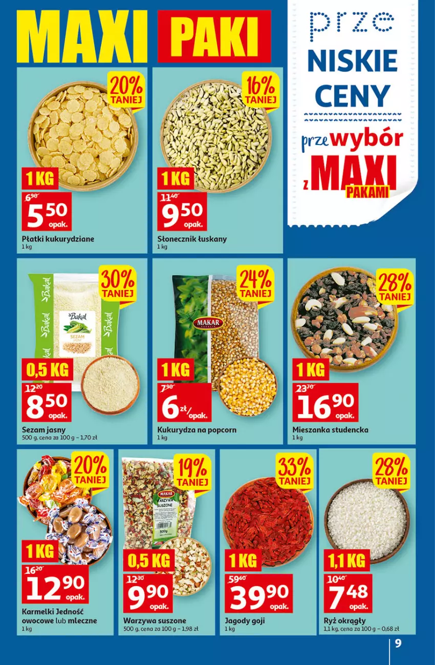 Gazetka promocyjna Auchan - Gazetka przeNISKIE CENY – PrzeWybór z MAXI PAKAMI Hipermarkety - ważna 15.09 do 21.09.2022 - strona 9 - produkty: Jagody, Jagody goji, Mieszanka studencka, Ryż, Sezam, Warzywa