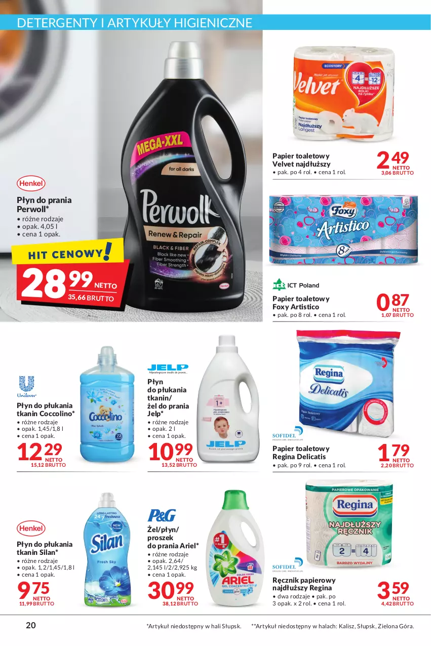 Gazetka promocyjna Makro - Najlepsze oferty - oferta z alkoholem - ważna 02.11 do 14.11.2022 - strona 20 - produkty: Ariel, Coccolino, Foxy, Gin, Papier, Papier toaletowy, Perwoll, Płyn do płukania, Płyn do prania, Proszek do prania, Ręcznik, Silan, Velvet