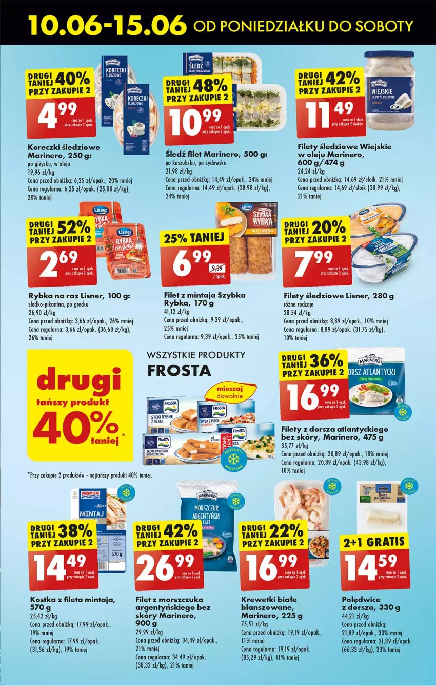 Gazetka promocyjna Biedronka - Od poniedzialku - ważna 10.06 do 15.06.2024 - strona 21 - produkty: Dorsz, Fa, Filet z mintaja, Filet z morszczuka, Frosta, Gra, Krewetki, Lisner, Mintaj, Olej, Paleta, Rybka na raz, Ser, Stek