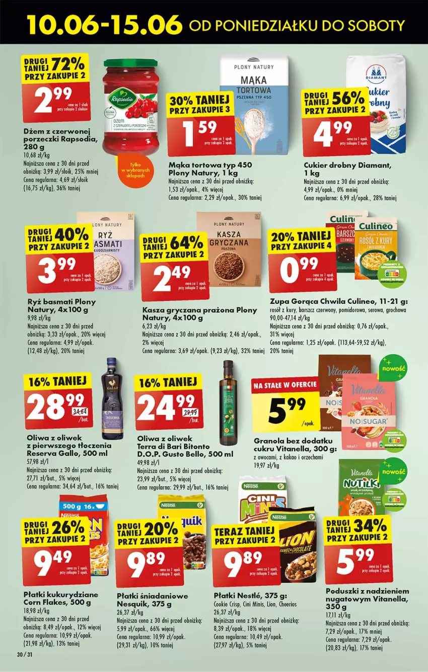 Gazetka promocyjna Biedronka - Od poniedzialku - ważna 10.06 do 15.06.2024 - strona 30 - produkty: Bell, Cheerios, Cini Minis, Corn flakes, Cukier, Danio, Diamant, Dżem, Gra, Granola, Groch, Gry, Kasza, Kasza gryczana, LG, Lion, Mąka, Mąka tortowa, Nesquik, Oliwa z oliwek, Por, Rosół, Ryż, Ryż basmati, Ser, Tera, Zupa