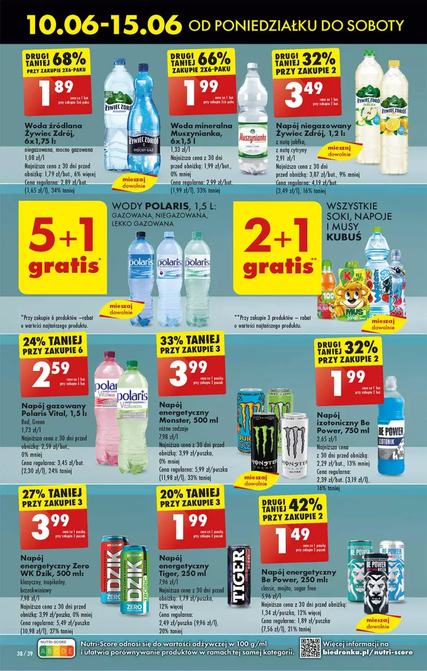 Gazetka promocyjna Biedronka - Od poniedzialku - ważna 10.06 do 15.06.2024 - strona 38 - produkty: Cytryny, Fa, Jabłka, Koc, Kubuś, LANA, Leon, Mus, Muszynianka, Napój, Napój energetyczny, Napój izotoniczny, Napój niegazowany, Napoje, Puma, Sok, Tiger, Woda, Woda mineralna