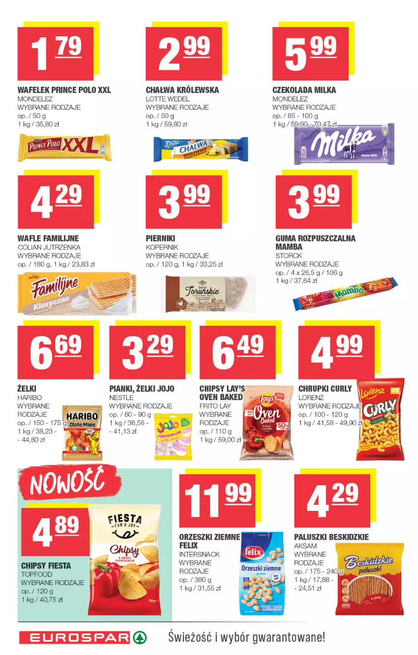 Gazetka promocyjna Spar - EuroSpar - ważna 13.07 do 23.07.2025 - strona 10 - produkty: Aksam, Beskidzki, Chałwa, Chipsy, Chrupki, Czekolada, Fa, Felix, Gry, Guma rozpuszczalna, Haribo, Jutrzenka, Lorenz, Mamba, Milka, Orzeszki, Orzeszki ziemne, Piernik, Prince Polo, Wafelek, Wafle