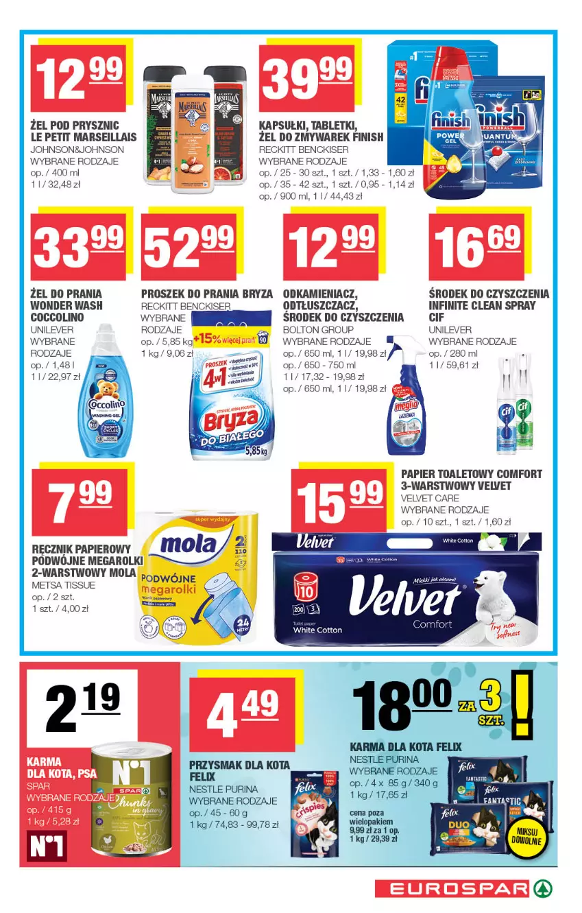 Gazetka promocyjna Spar - EuroSpar - ważna 13.07 do 23.07.2025 - strona 15 - produkty: Bryza, Cif, Coccolino, Fa, Fanta, Felix, Finish, Mars, Mola, Odkamieniacz, Odtłuszczacz, Papier, Papier toaletowy, Proszek do prania, Przysmak dla kota, Pur, Purina, Ręcznik, Rolki, Ser, Tablet, Velvet