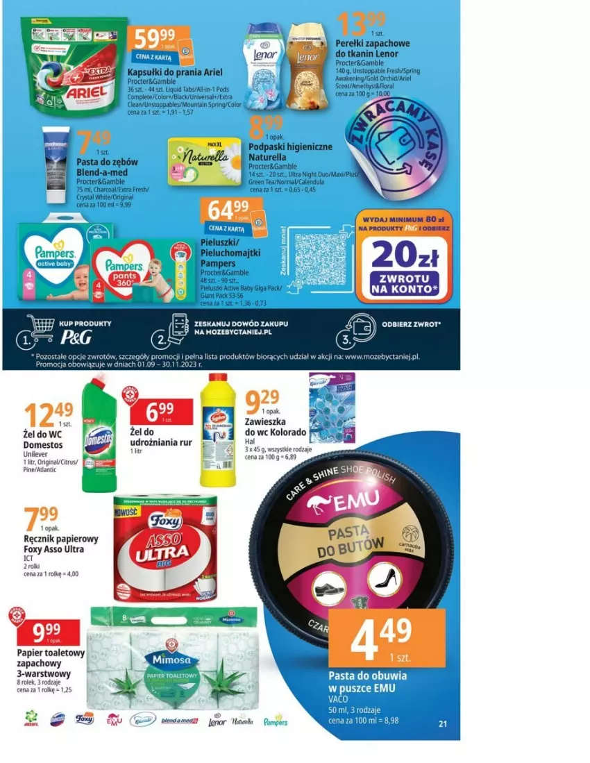 Gazetka promocyjna E Leclerc - ważna 26.09 do 07.10.2023 - strona 14 - produkty: Ariel, Domestos, Foxy, Gin, Kapsułki do prania, Kolorado, Lenor, Naturell, Naturella, Papier, Perełki zapachowe, Podpaski, Ręcznik, Rolki, Stopp, Tera, Top