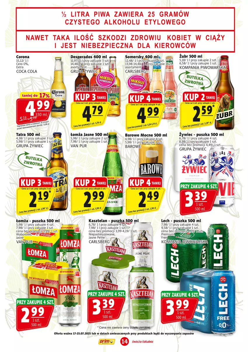 Gazetka promocyjna Prim Market - ważna 17.07 do 23.07.2025 - strona 14 - produkty: Carlsberg, Desperados, Kasztelan, Piwo, Pur, Somersby, Tatra