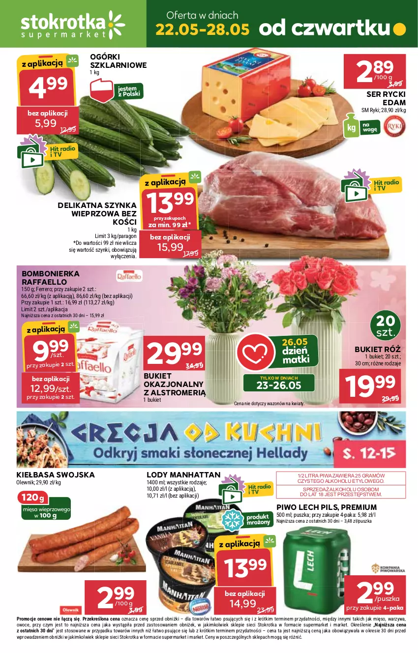 Gazetka promocyjna Stokrotka - Supermarket - ważna 22.05 do 28.05.2025 - strona 1 - produkty: Bukiet, Edam, Fa, Ferrero, Gra, Kiełbasa, Lody, Mięso, Olewnik, Owoce, Piwa, Piwo, Raffaello, Rycki Edam, Ser, Szynka, Szynka wieprzowa, Warzywa, Wazon