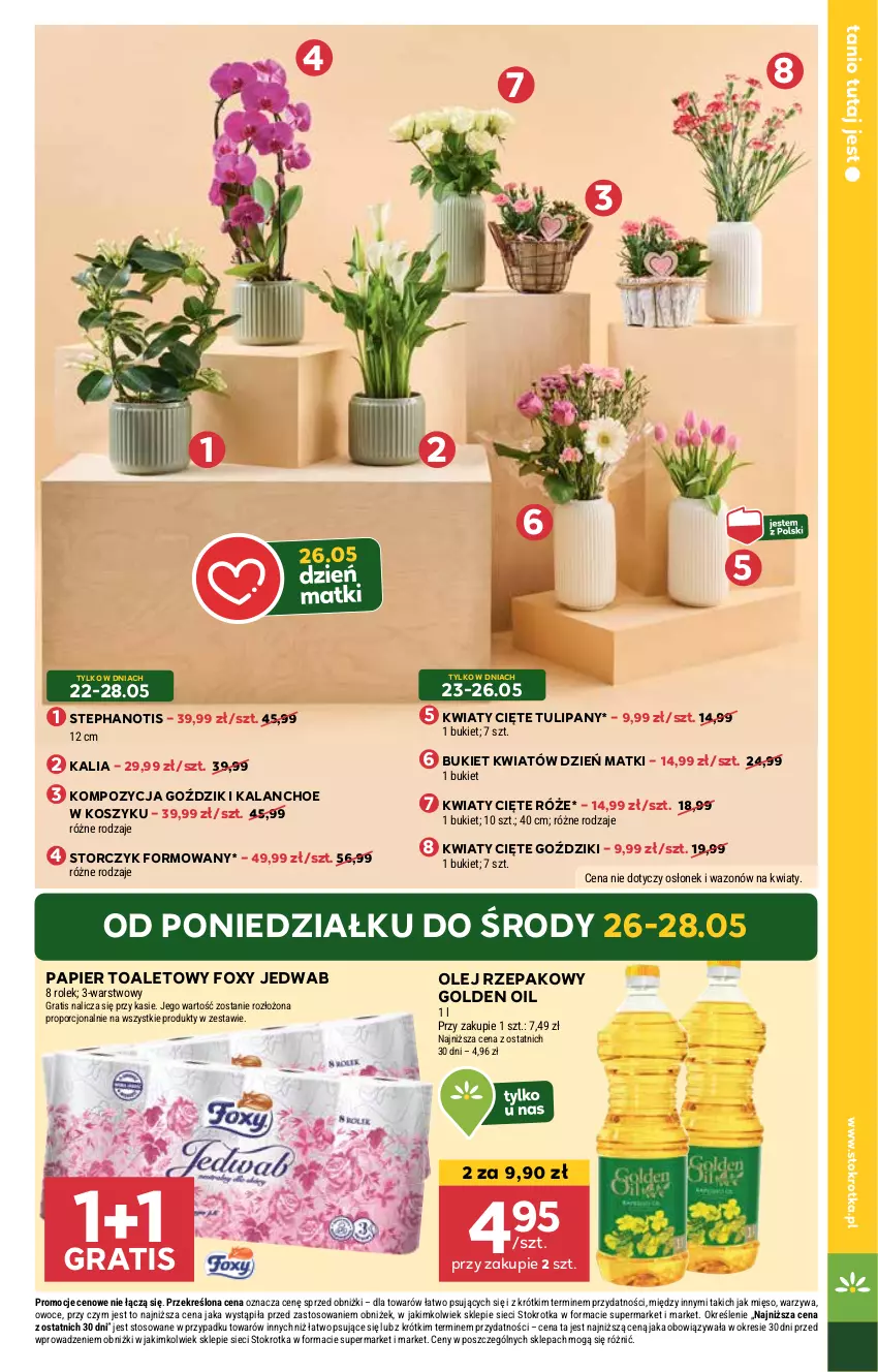 Gazetka promocyjna Stokrotka - Supermarket - ważna 22.05 do 28.05.2025 - strona 5 - produkty: Bukiet, Foxy, Gra, Kalanchoe, Kosz, Kwiaty cięte, Mięso, Olej, Olej rzepakowy, Owoce, Papier, Papier toaletowy, Por, Storczyk, Tulipan, Warzywa, Wazon