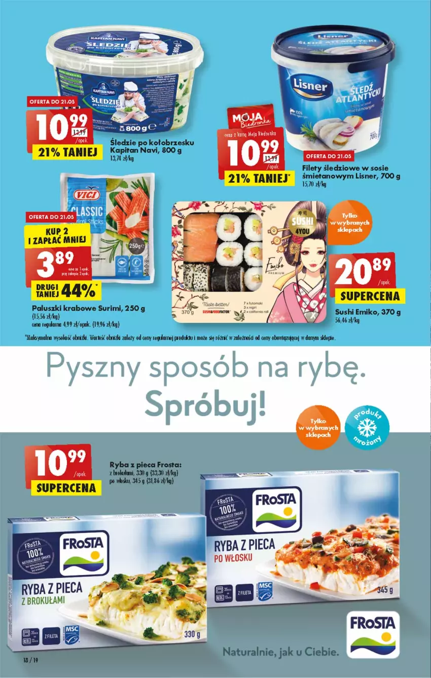 Gazetka promocyjna Biedronka - W tym tygodniu - ważna 19.05 do 25.05.2022 - strona 18 - produkty: Frosta, LG, Lisner, Paluszki krabowe surimi, Piec, Ryba, Sok, Sos, Surimi