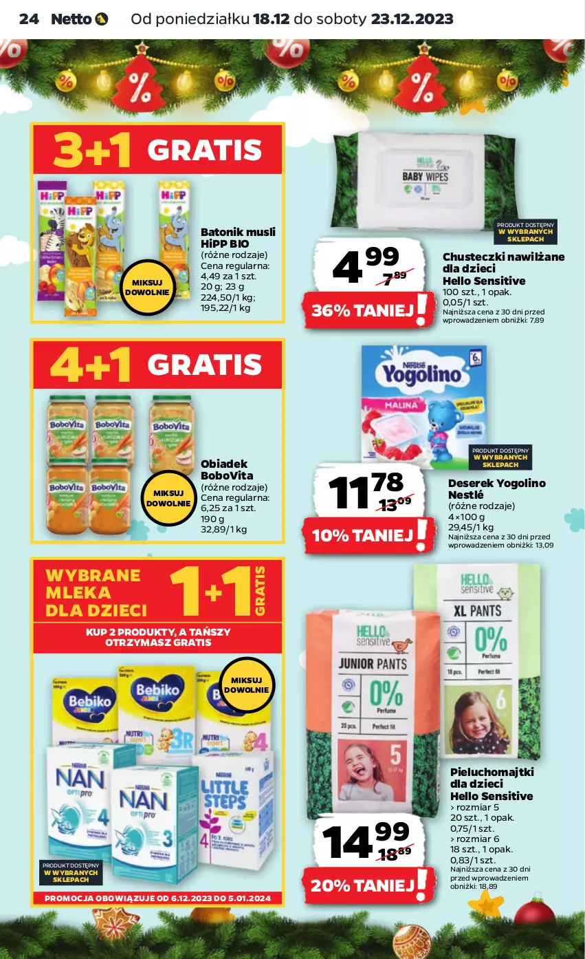 Gazetka promocyjna Netto - Artykuły spożywcze - ważna 18.12 do 23.12.2023 - strona 24 - produkty: Baton, BoboVita, Chusteczki, Deser, Dzieci, Gra, HiPP, Hipp Bio, Majtki, Mus, Nestlé, Pieluchomajtki, Ser, Serek, Tonik