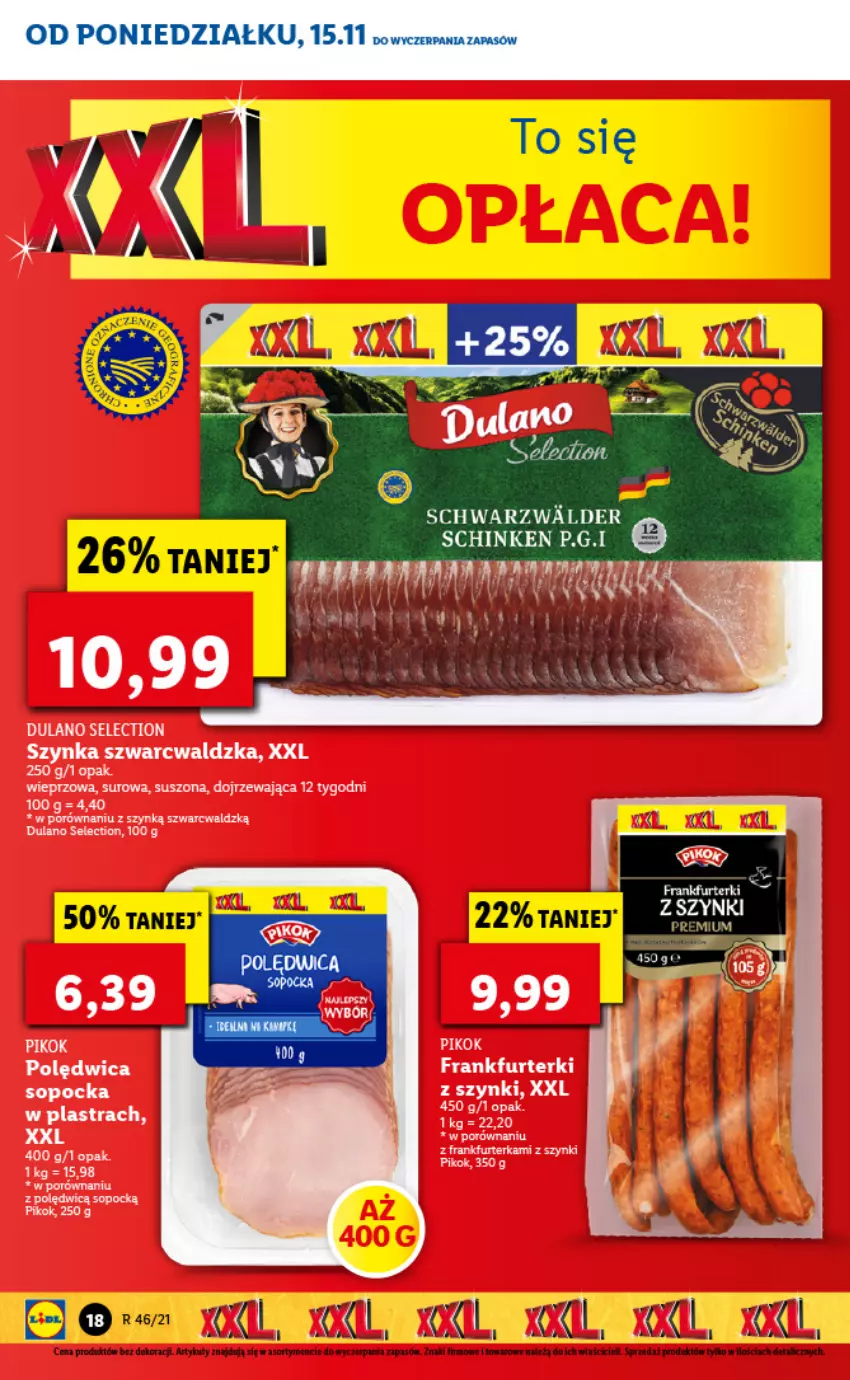 Gazetka promocyjna Lidl - GAZETKA - ważna 15.11 do 17.11.2021 - strona 18 - produkty: Dulano, Frankfurterki, PIKOK, Polędwica, Por, Szynka