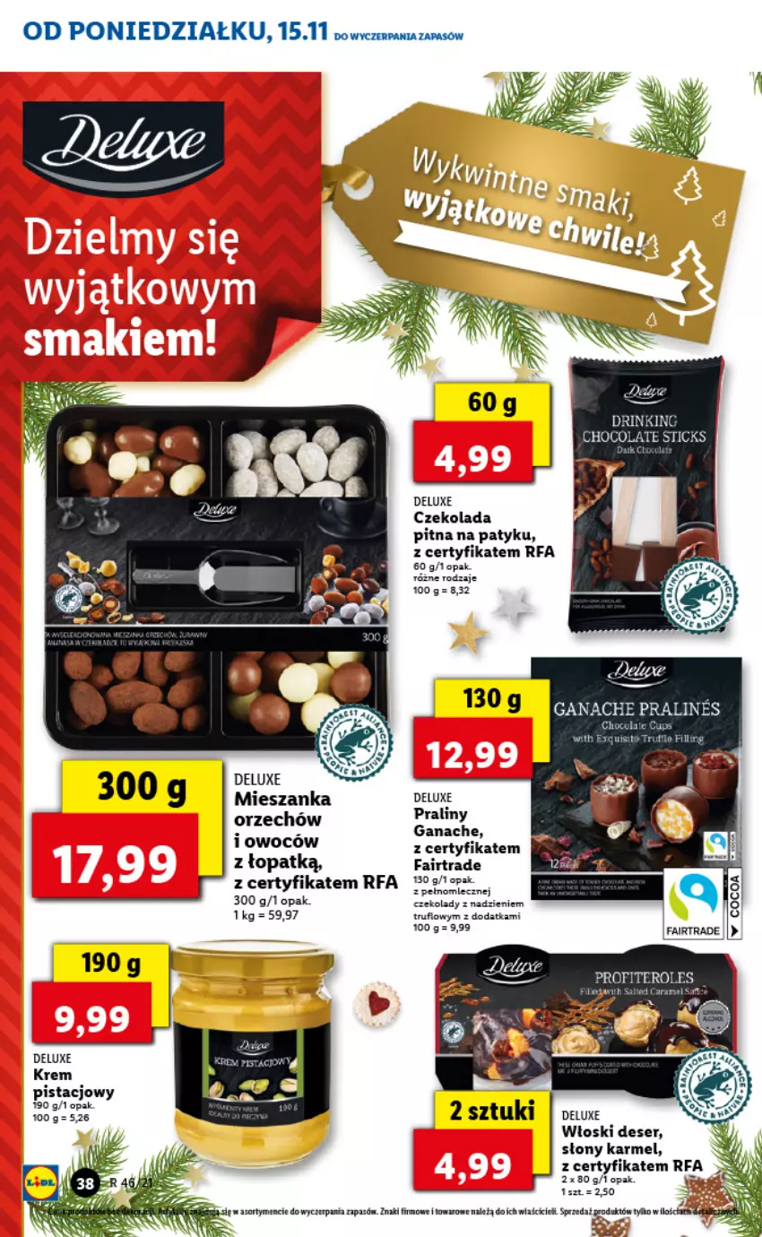 Gazetka promocyjna Lidl - GAZETKA - ważna 15.11 do 17.11.2021 - strona 38 - produkty: Czekolada, Deser, Fa, Krem pistacjowy, Praliny, Ser