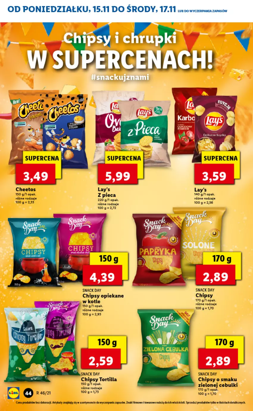 Gazetka promocyjna Lidl - GAZETKA - ważna 15.11 do 17.11.2021 - strona 44 - produkty: Cheetos, Chipsy, Tortilla