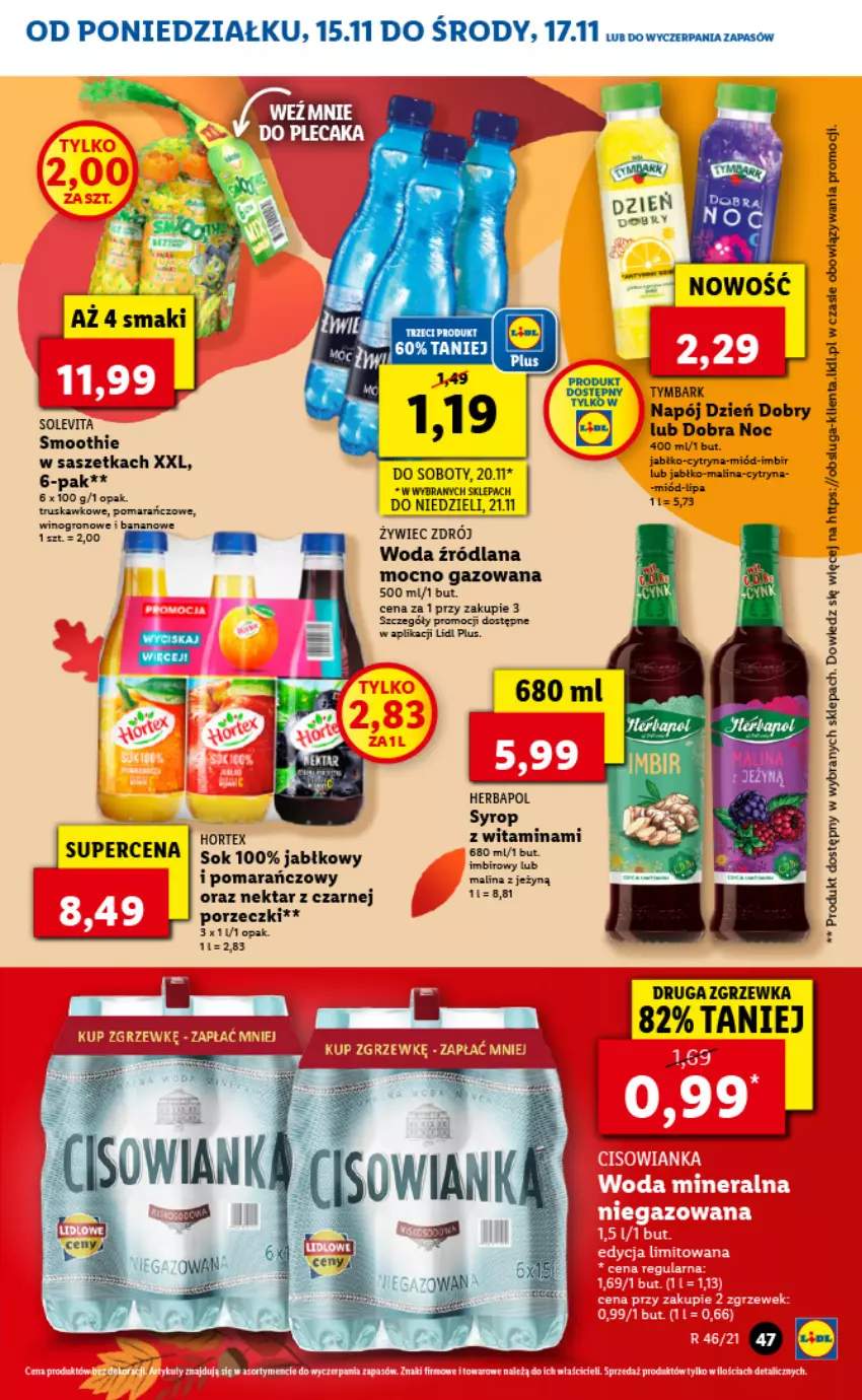 Gazetka promocyjna Lidl - GAZETKA - ważna 15.11 do 17.11.2021 - strona 47 - produkty: Fa, Gra, Herbapol, Hortex, Imbir, LANA, Miód, Napój, Nektar, Por, Smoothie, Sok, Syrop, Tymbark, Wino, Woda