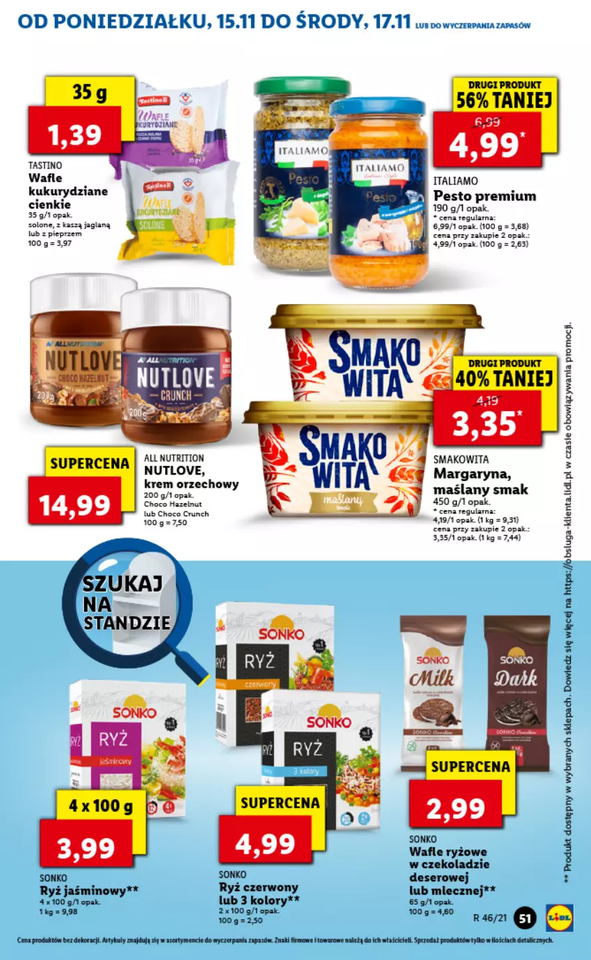 Gazetka promocyjna Lidl - GAZETKA - ważna 15.11 do 17.11.2021 - strona 51 - produkty: Deser, Margaryna, Pesto, Pieprz, Ryż, Ser, Smakowita, Sonko, Sos, Wafle