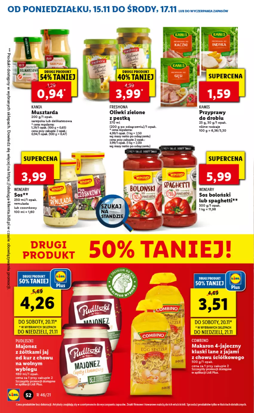 Gazetka promocyjna Lidl - GAZETKA - ważna 15.11 do 17.11.2021 - strona 52 - produkty: Fa, Kamis, LG, Mus, Musztarda, Oliwki, Oliwki zielone, Sos, Spaghetti, Winiary