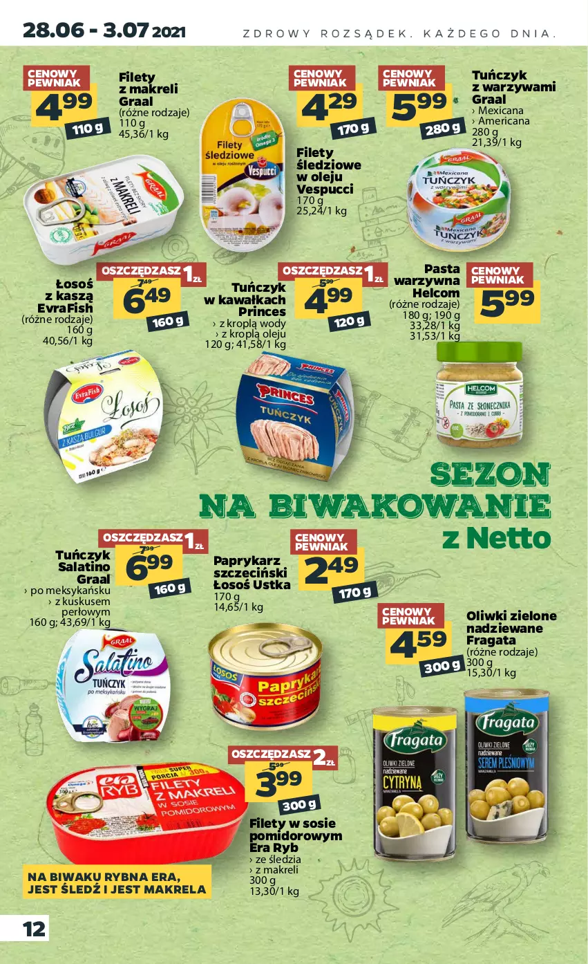 Gazetka promocyjna Netto - Gazetka spożywcza - ważna 28.06 do 03.07.2021 - strona 12 - produkty: Era Ryb, Gra, Graal, HELCOM, Kawa, Kuskus, Olej, Oliwki, Oliwki zielone, Papryka, Paprykarz, Paprykarz szczeciński, Sos, Tuńczyk, Warzywa