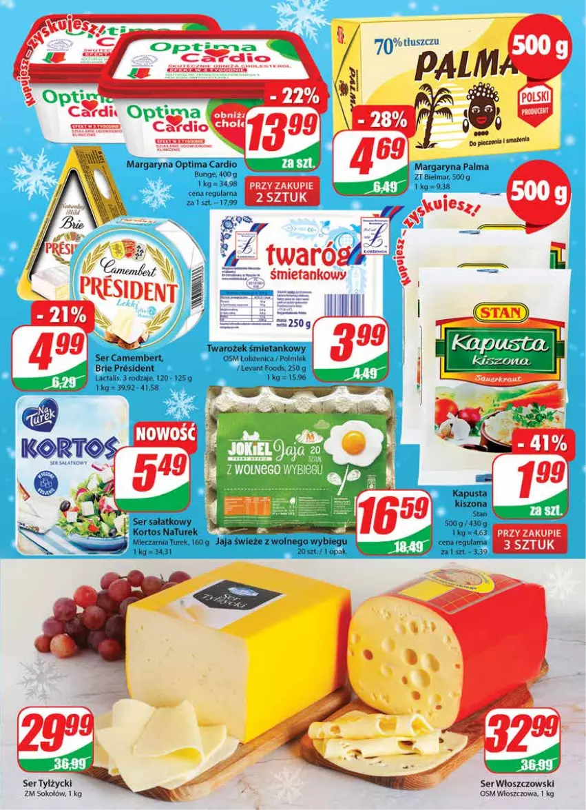 Gazetka promocyjna Dino - Gazetka - ważna 14.12 do 20.12.2022 - strona 17 - produkty: Brie, Camembert, Jaja, Margaryna, NaTurek, NBA, Optima, Optima Cardio, Palma, Polmiek, Sałat, Ser, Ser tylżycki, Sok, Sokołów, Twaróg, Włoszczowski