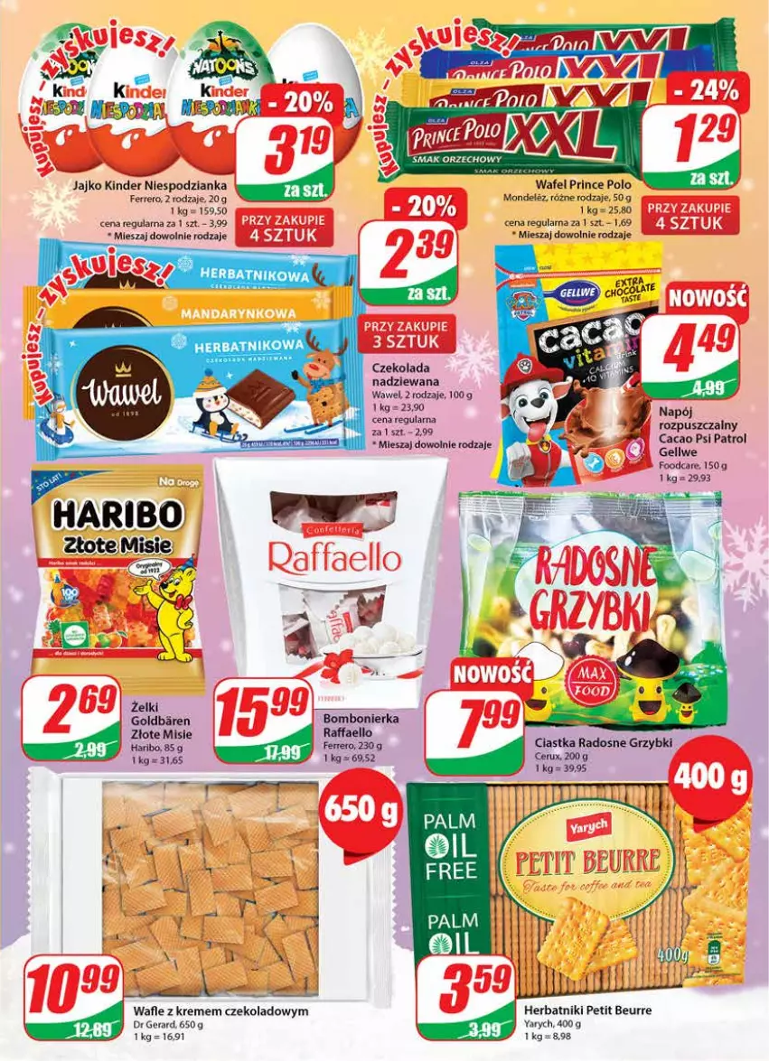 Gazetka promocyjna Dino - Gazetka - ważna 14.12 do 20.12.2022 - strona 3 - produkty: Czekolada, Czekolada nadziewana, Dr Gerard, Fa, Ferrero, Haribo, Herbatniki, Herbatniki Petit Beurre, Kinder, Prince Polo, Psi Patrol, Raffaello, Wafle, Wawel