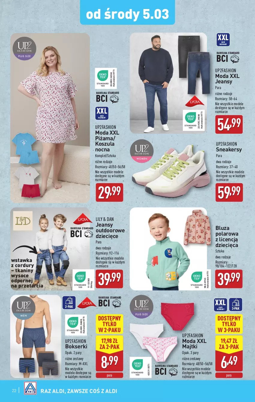 Gazetka promocyjna Aldi - Pełna oferta - ważna 03.03 do 08.03.2025 - strona 22 - produkty: Bluza, Bluza polarowa, Bokserki, Dzieci, Fa, Kosz, Koszula, Koszula nocna, Majtki, Moda, Piżama, Por, Ser, Sneakersy