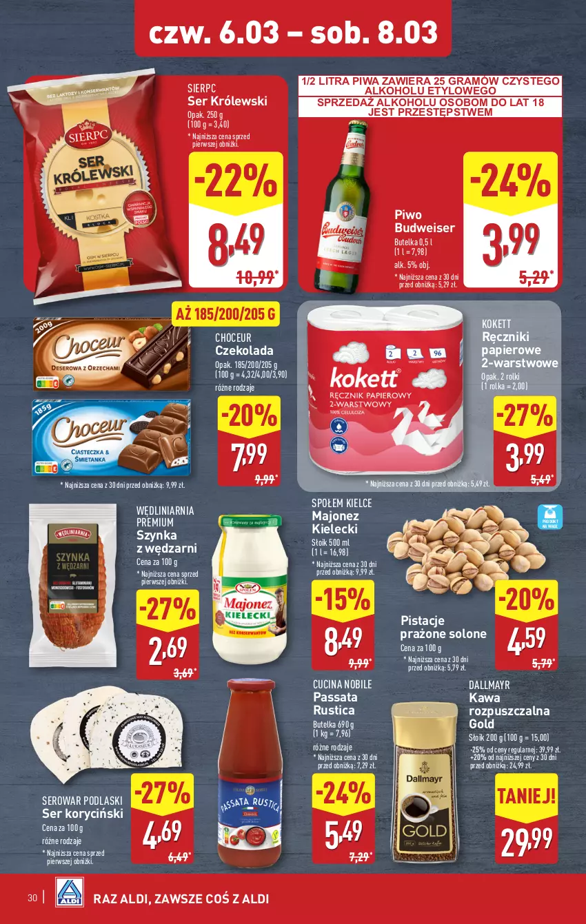 Gazetka promocyjna Aldi - Pełna oferta - ważna 03.03 do 08.03.2025 - strona 30 - produkty: Czekolada, Dallmayr, Gra, Kawa, Kawa rozpuszczalna, Królewski, Majonez, Papier, Pistacje, Piwa, Piwo, Podlaski, Ręcznik, Ręczniki papierowe, Rolki, Rust, Ser, Szynka