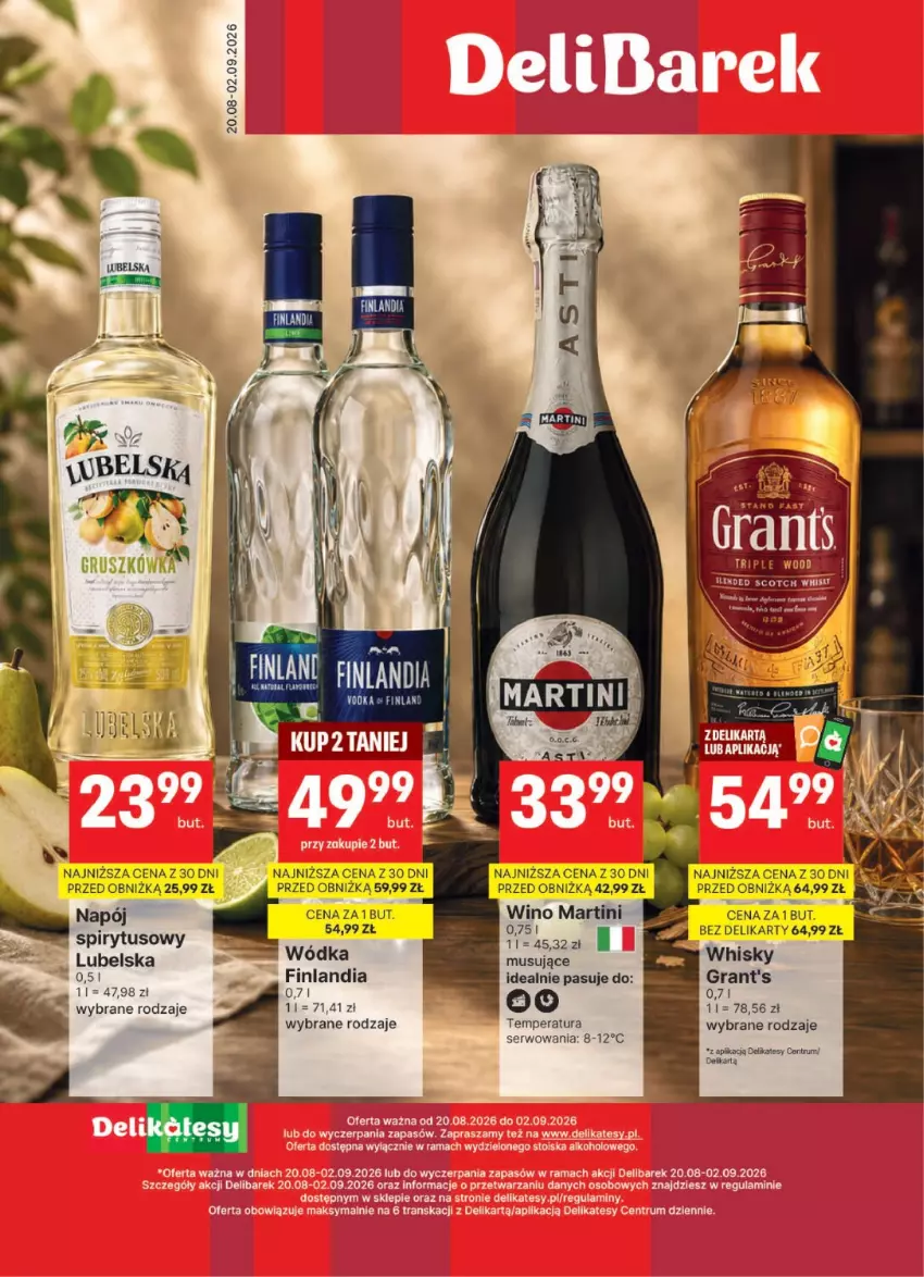 Gazetka promocyjna Delikatesy Centrum - Delibarek DC34-DC35 - ważna 20.08 do 02.09.2026 - strona 1 - produkty: Finlandia, Gra, Grant's, Martini, Mus, Napój, Rum, Ser, Whisky, Wino, Wódka