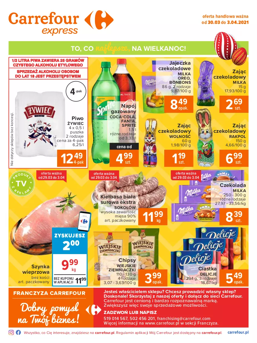 Gazetka promocyjna Carrefour - Gazetka Express - ważna 29.03 do 03.04.2021 - strona 2 - produkty: Chipsy, Ciastka, Coca-Cola, Czekolada, Delicje, Fa, Fanta, Gra, Kiełbasa, Kiełbasa biała, Milka, Napój, Napój gazowany, Oreo, Piwa, Piwo, Sok, Sokołów, Sprite, Szynka, Szynka wieprzowa