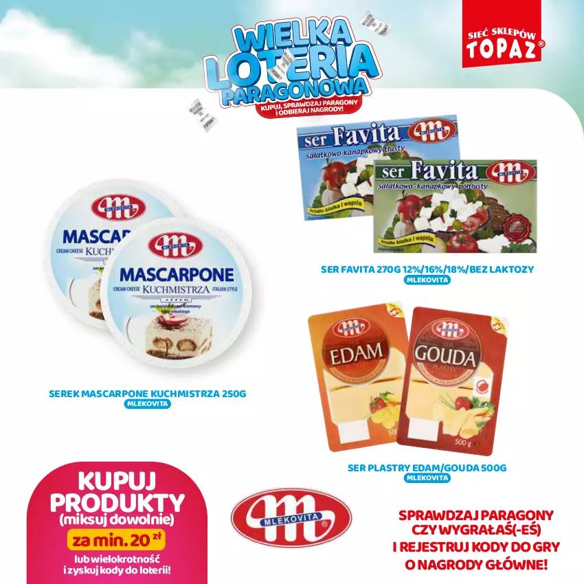 Gazetka promocyjna Topaz - Gazetka - ważna 19.08 do 13.10.2024 - strona 15 - produkty: Edam, Fa, Favita, Gouda, Gra, Gry, Mascarpone, Mleko, Mlekovita, Ser, Serek