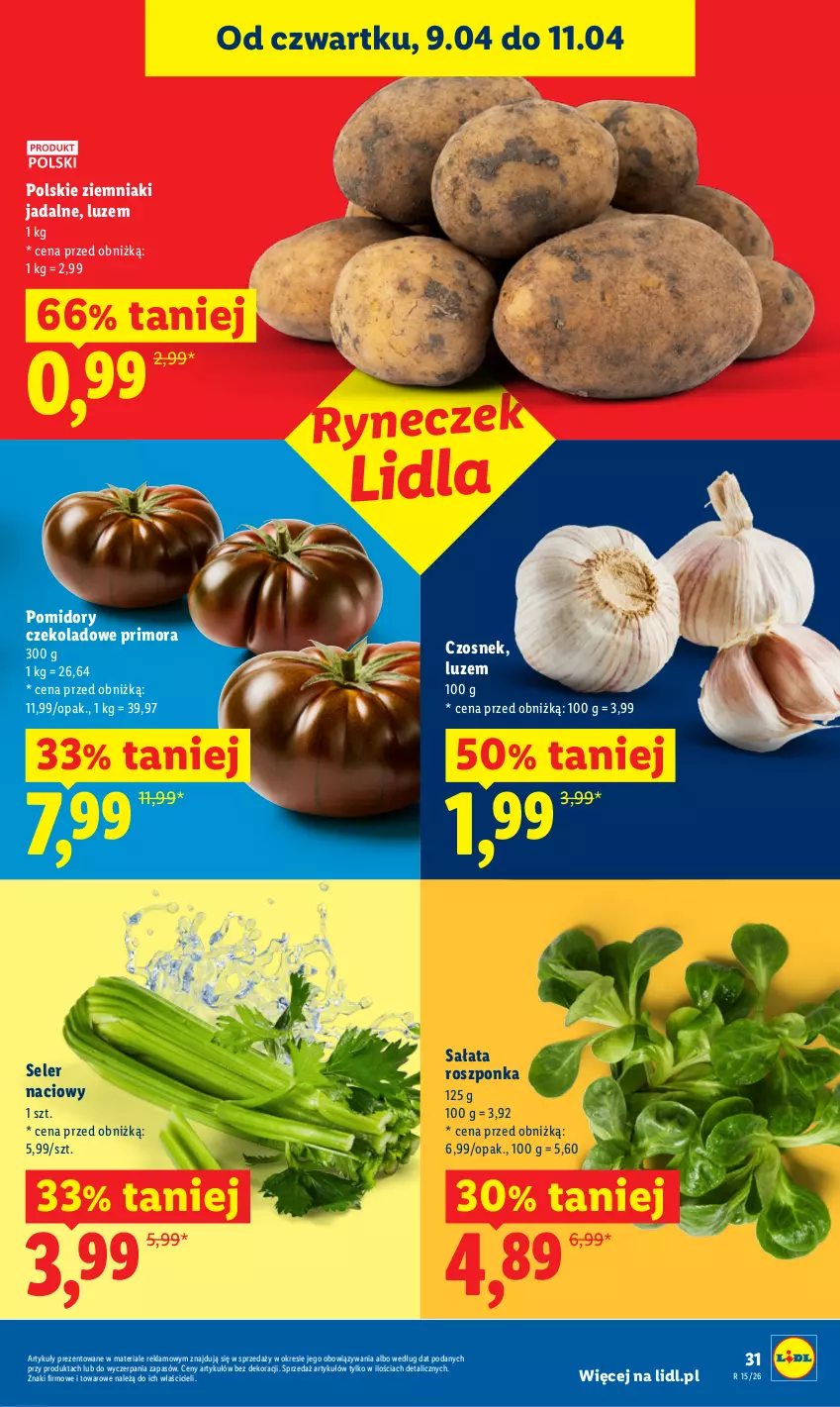 Gazetka promocyjna Lidl - Gazetka ważna od 9.04 do 11.04 - ważna 09.04 do 11.04.2026 - strona 29 - produkty: Czosnek, Pomidory, Roszponka, Sałat, Seler naciowy, Ziemniaki