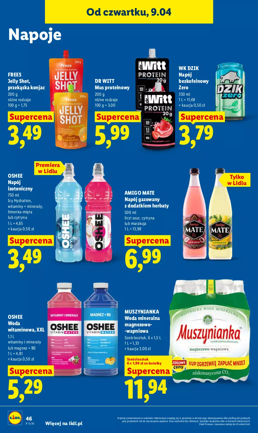 Gazetka promocyjna Lidl - Gazetka ważna od 9.04 do 11.04 - ważna 09.04 do 11.04.2026 - strona 46 - produkty: Liczi, Limonka, Magnez, Mięta, Mus, Muszynianka, Napój, Napój gazowany, Napój izotoniczny, Napoje, Oshee, Woda, Woda mineralna