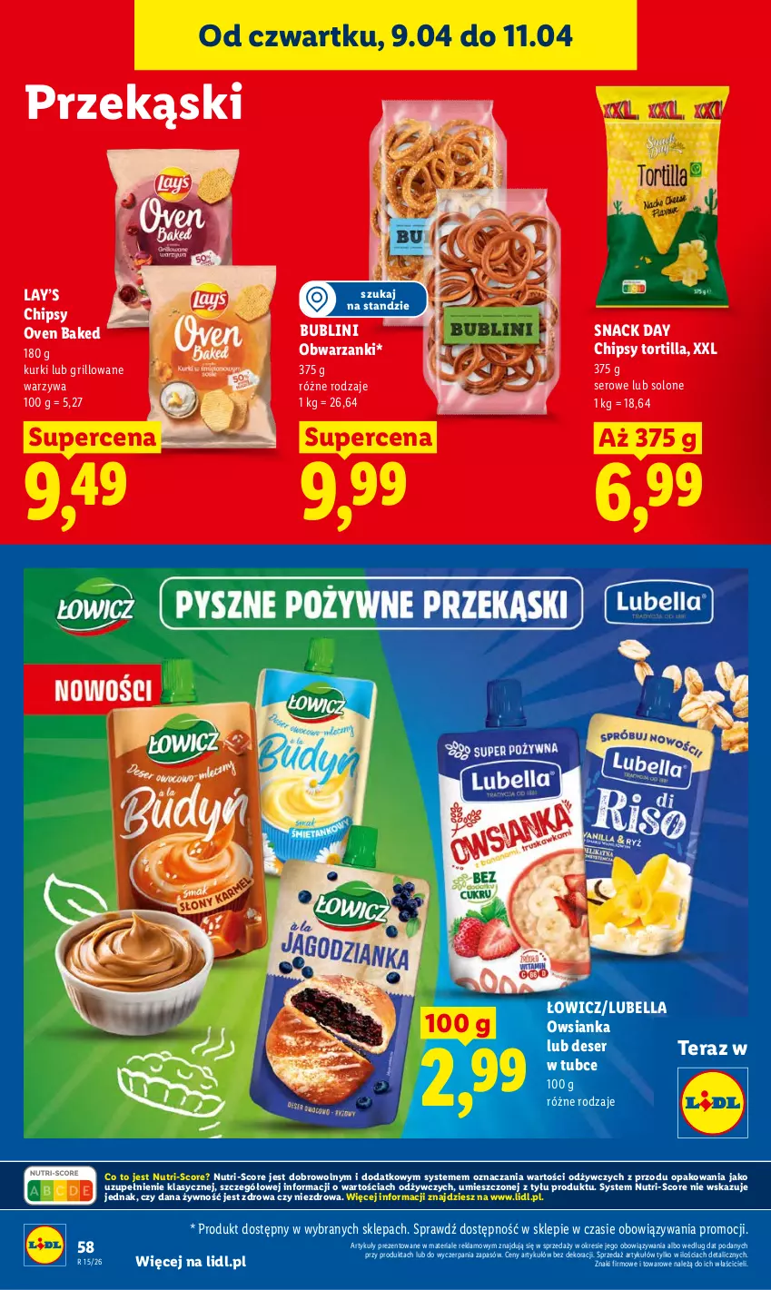Gazetka promocyjna Lidl - Gazetka ważna od 9.04 do 11.04 - ważna 09.04 do 11.04.2026 - strona 58 - produkty: Bell, Bella, Chipsy, Deser, Grill, Lay’s, Lubella, Owsianka, Ser, Tera, Tortilla, Warzywa