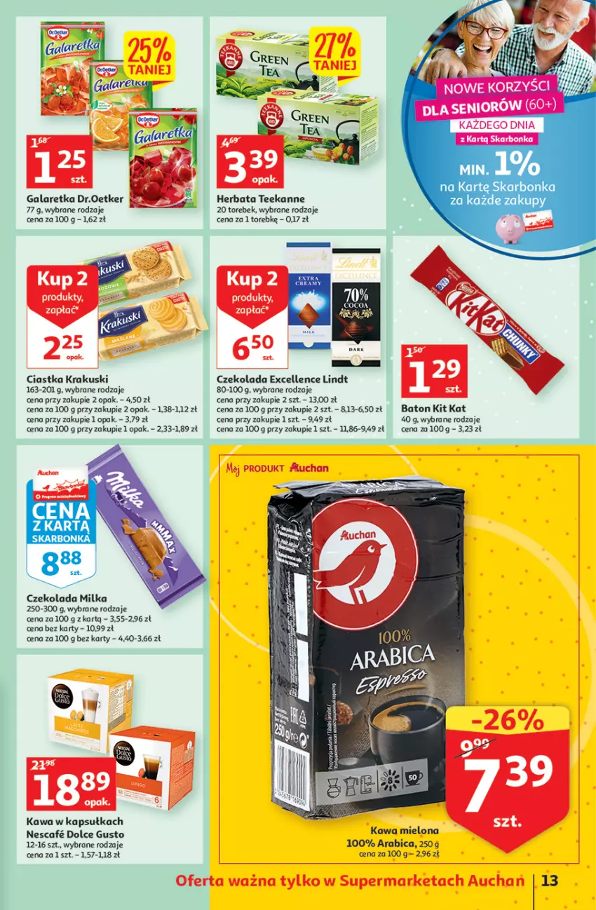 Gazetka promocyjna Auchan - Udane grillowanie jest w cenie Supermarkety - ważna 19.05 do 28.05.2022 - strona 13 - produkty: Baton, BIC, Ciastka, Czekolada, Dolce Gusto, Gala, Galaretka, Herbata, Kawa, Kawa mielona, Kit Kat, Krakus, Krakuski, Lindt, Milka, Teekanne