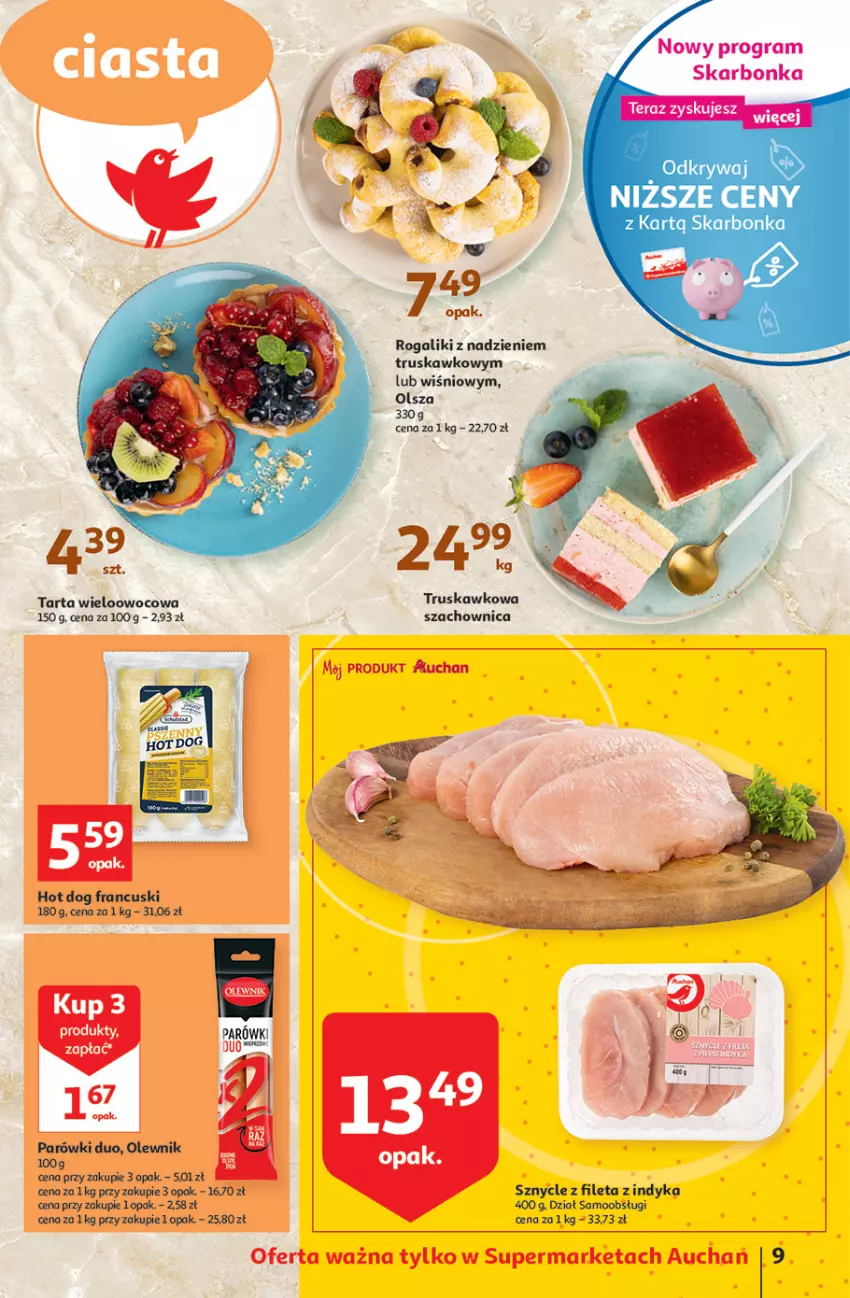 Gazetka promocyjna Auchan - Udane grillowanie jest w cenie Supermarkety - ważna 19.05 do 28.05.2022 - strona 9 - produkty: Fa, Gra, Hot dog, Olewnik, Parówki, Rogal, Tarta, Tera