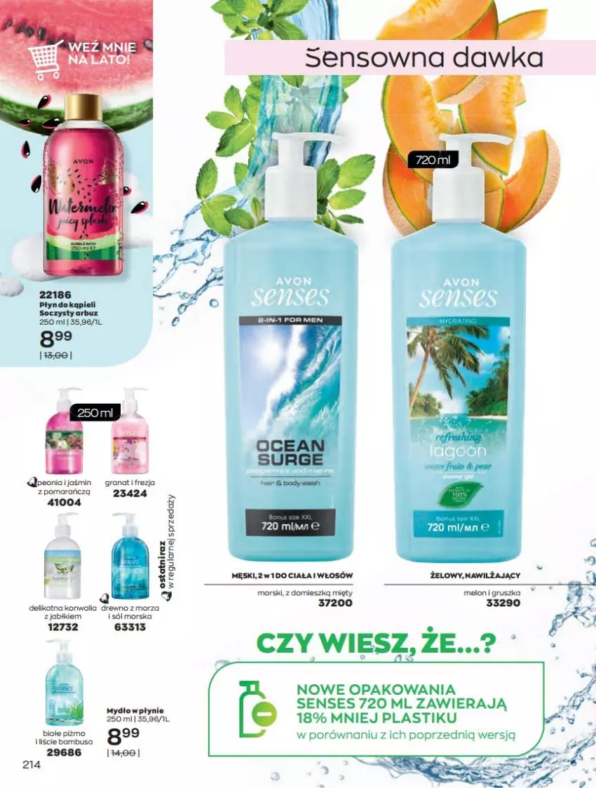 Gazetka promocyjna Avon - Czerwiec - ważna 01.06 do 30.06.2021 - strona 214 - produkty: Arbuz, Gra, Granat, Melon, Mydło, Mydło w płynie, Płyn do kąpieli, Senses, Sól