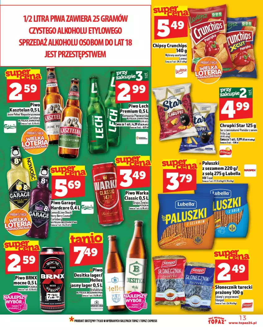 Gazetka promocyjna Topaz - Gazetka - ważna 11.09 do 17.09.2025 - strona 13 - produkty: Bell, Bella, Chipsy, Crunchips, Fa, Lorenz, Lubella, Piwo, Sezam, Słonpol, Top