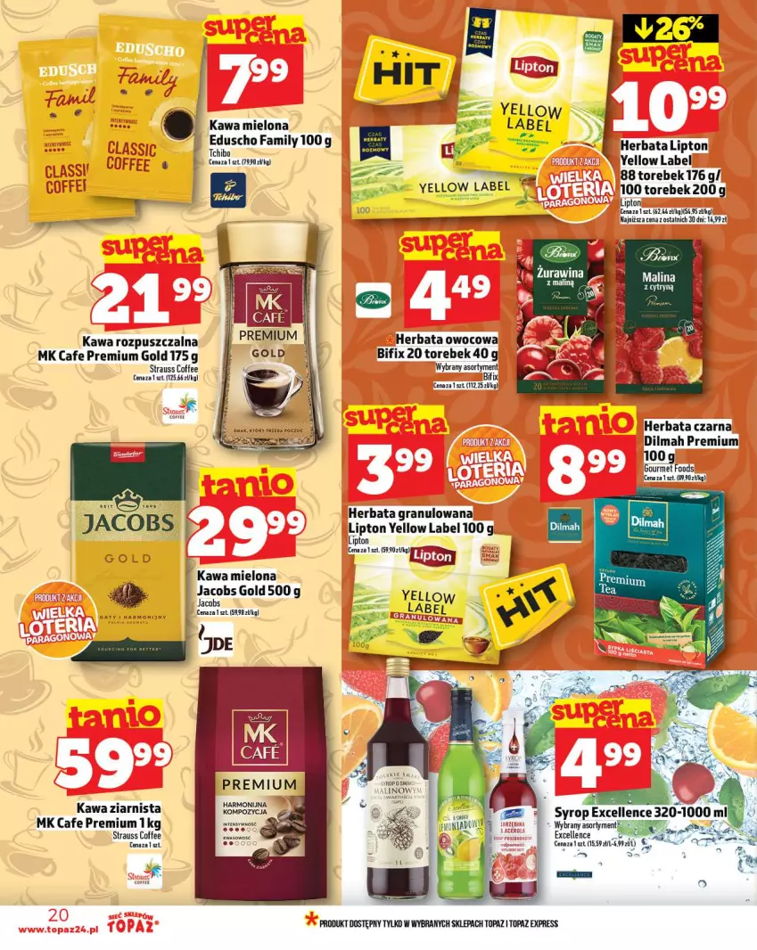 Gazetka promocyjna Topaz - Gazetka - ważna 11.09 do 17.09.2025 - strona 20 - produkty: Dilmah, Fa, Gra, Herbata, Herbata czarna, Herbata owocowa, Jacobs, Kawa, Kawa mielona, Kawa rozpuszczalna, Kawa ziarnista, Lipton, Syrop, Tchibo, Top