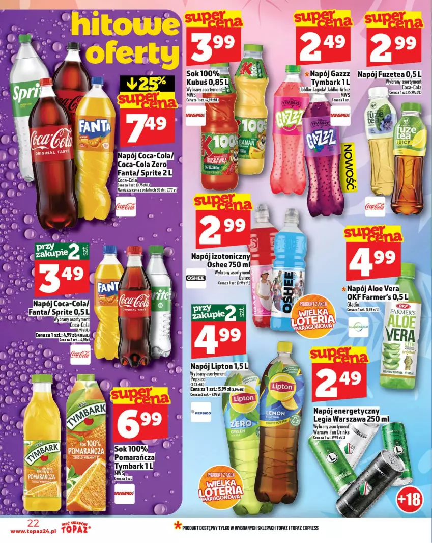 Gazetka promocyjna Topaz - Gazetka - ważna 11.09 do 17.09.2025 - strona 22 - produkty: Aloe vera, Arbuz, Coca-Cola, Fa, Fanta, Lipton, Napój, Pepsi, Sprite, Top, Tymbark