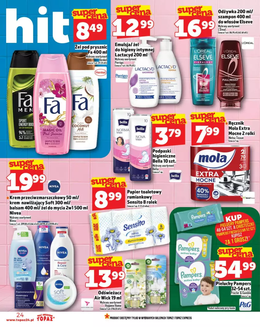 Gazetka promocyjna Topaz - Gazetka - ważna 11.09 do 17.09.2025 - strona 24 - produkty: Air Wick, Bell, Bella, Elseve, Emulsja, Krem nawilżający, Krem przeciwzmarszczkowy, Mars, Mola, Nivea, Odżywka, Papier, Papier toaletowy, Ręcznik, Rolki, Rum, Sito, Szampon, Top