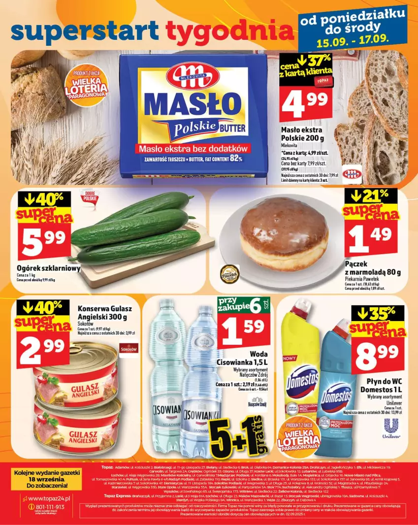 Gazetka promocyjna Topaz - Gazetka - ważna 11.09 do 17.09.2025 - strona 28 - produkty: Domestos, Mleko, Mlekovita, Mola, Olej, Pączek, Płyn do wc, Ser, Sok, Sokołów, Woda